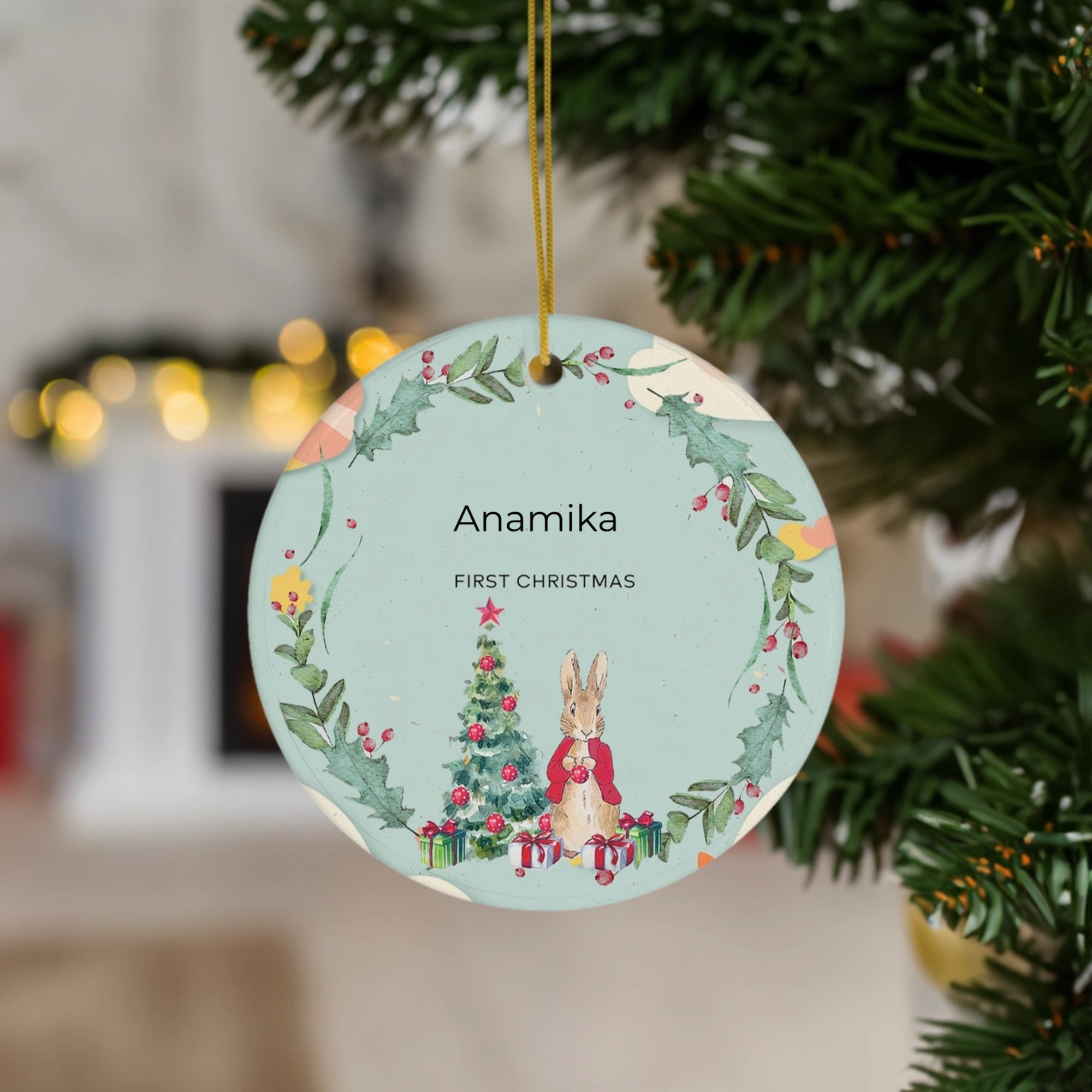 First Christmas Ornament with Woodland Bunny | Perfect for Baby's First Christmas | Ceramic Ornament