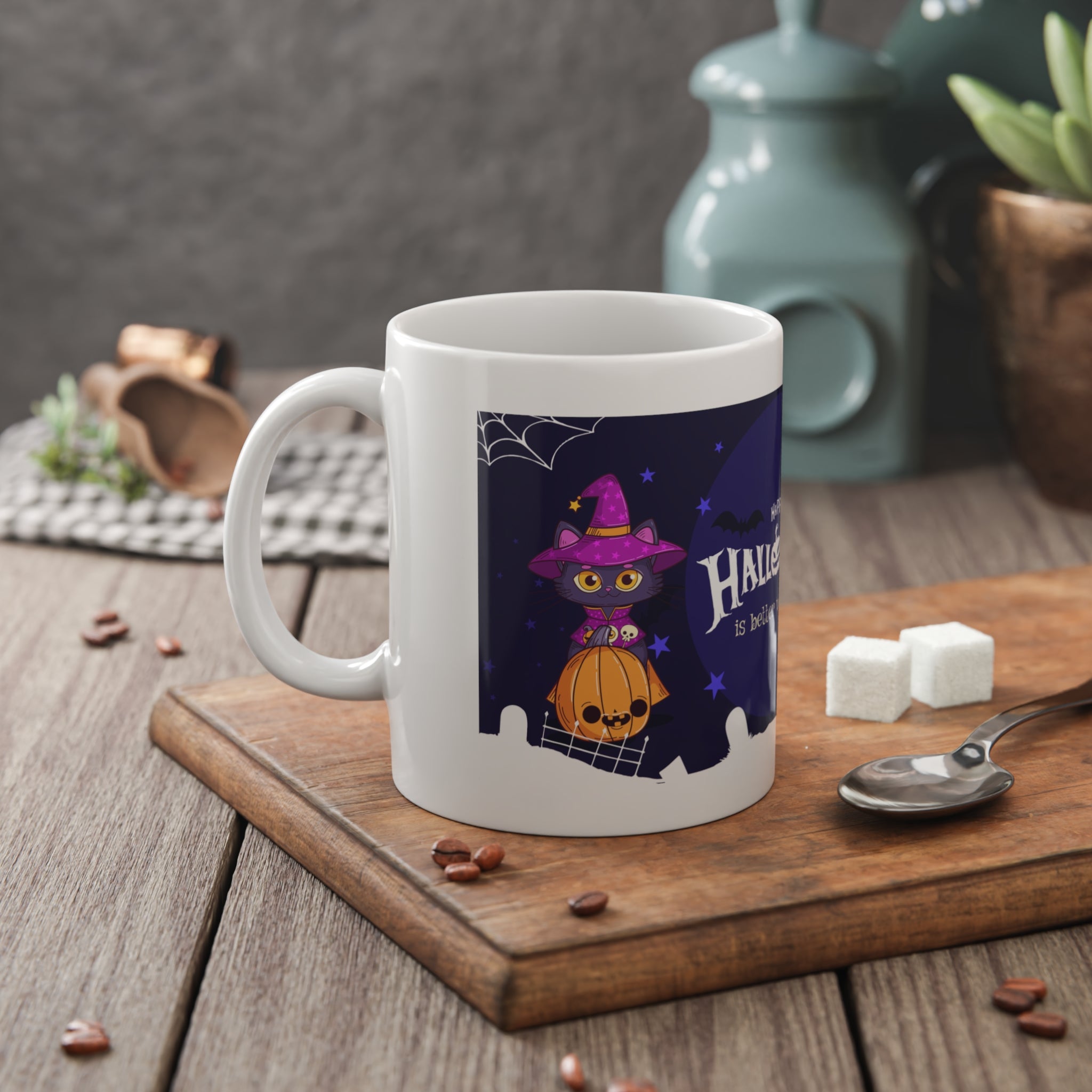 Happy Halloween with Witch's Cats | White Ceramic Mug