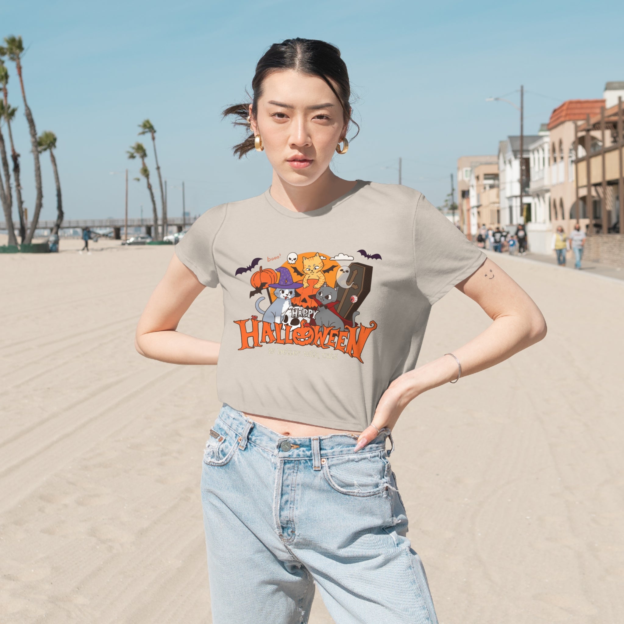 Halloween is Better with Cats | Women's Flowy Cropped Tee