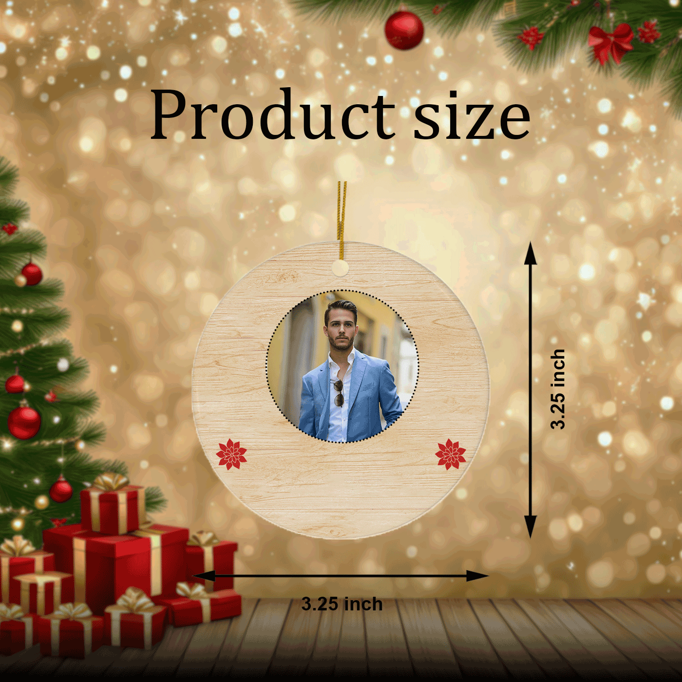 Rustic Photo with Poinsettia Accents | Simple Christmas | Ceramic Ornament