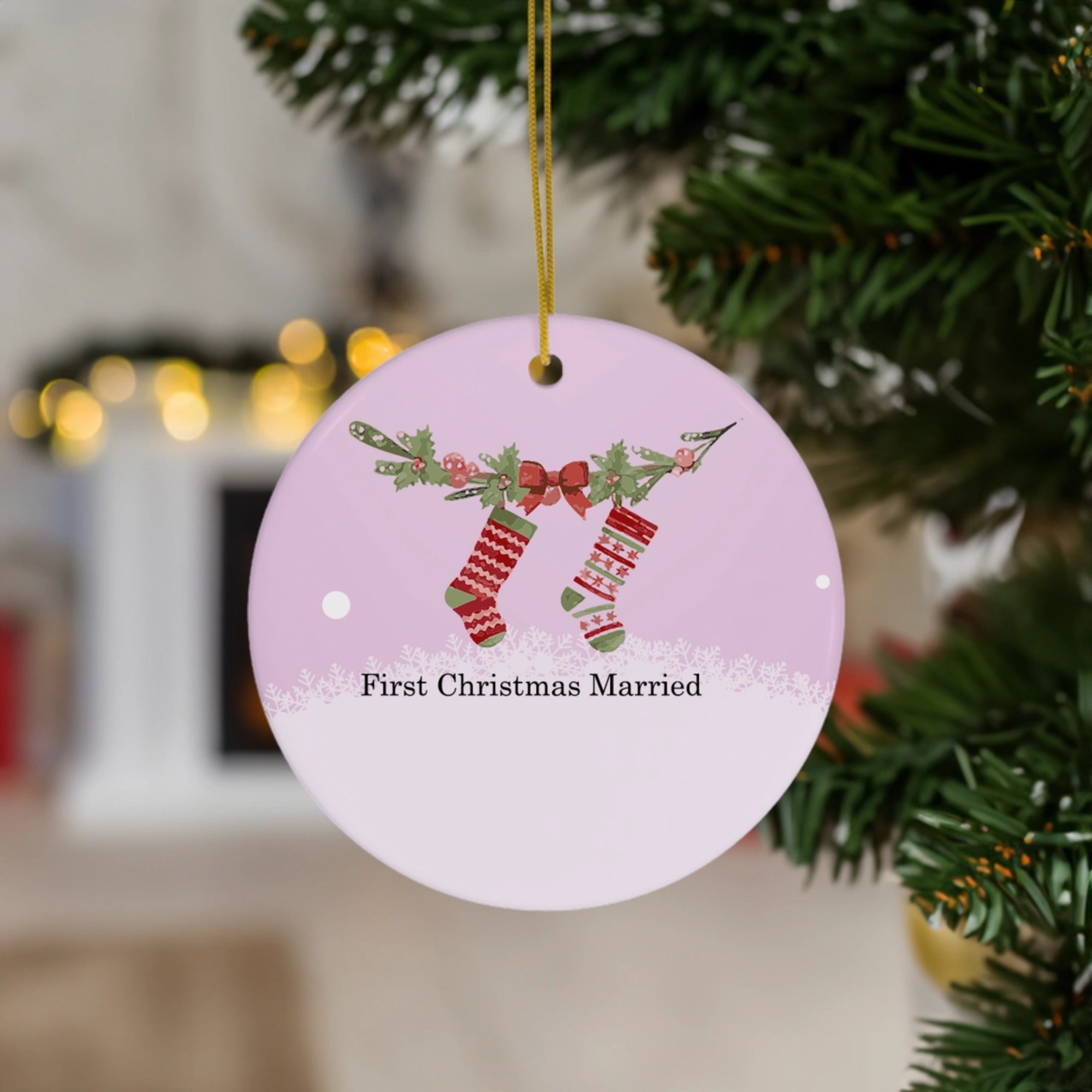 First Christmas Married Ornament | Festive Stocking Design for Newlyweds | Ceramic Ornament