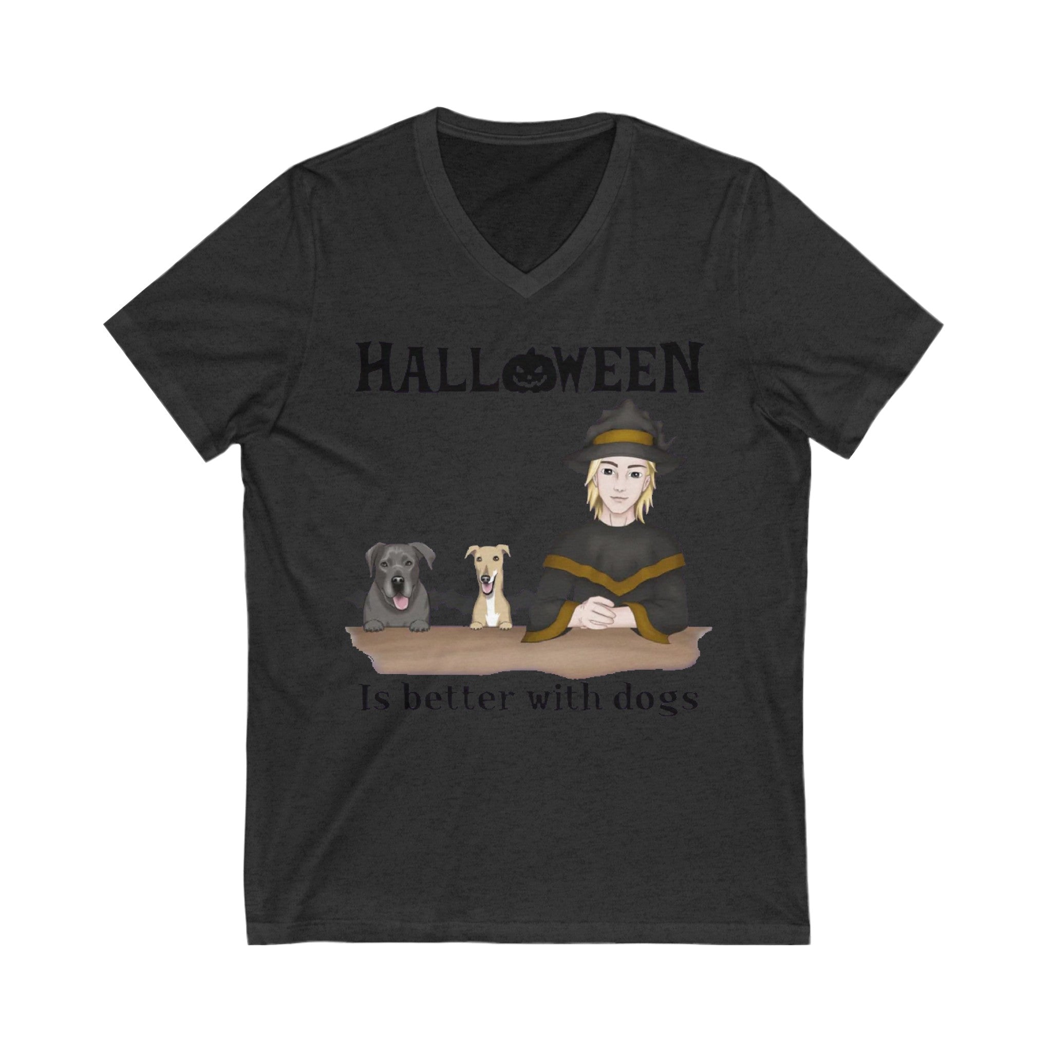 Halloween in better with Dogs Unisex Jersey Short Sleeve V-Neck Tee