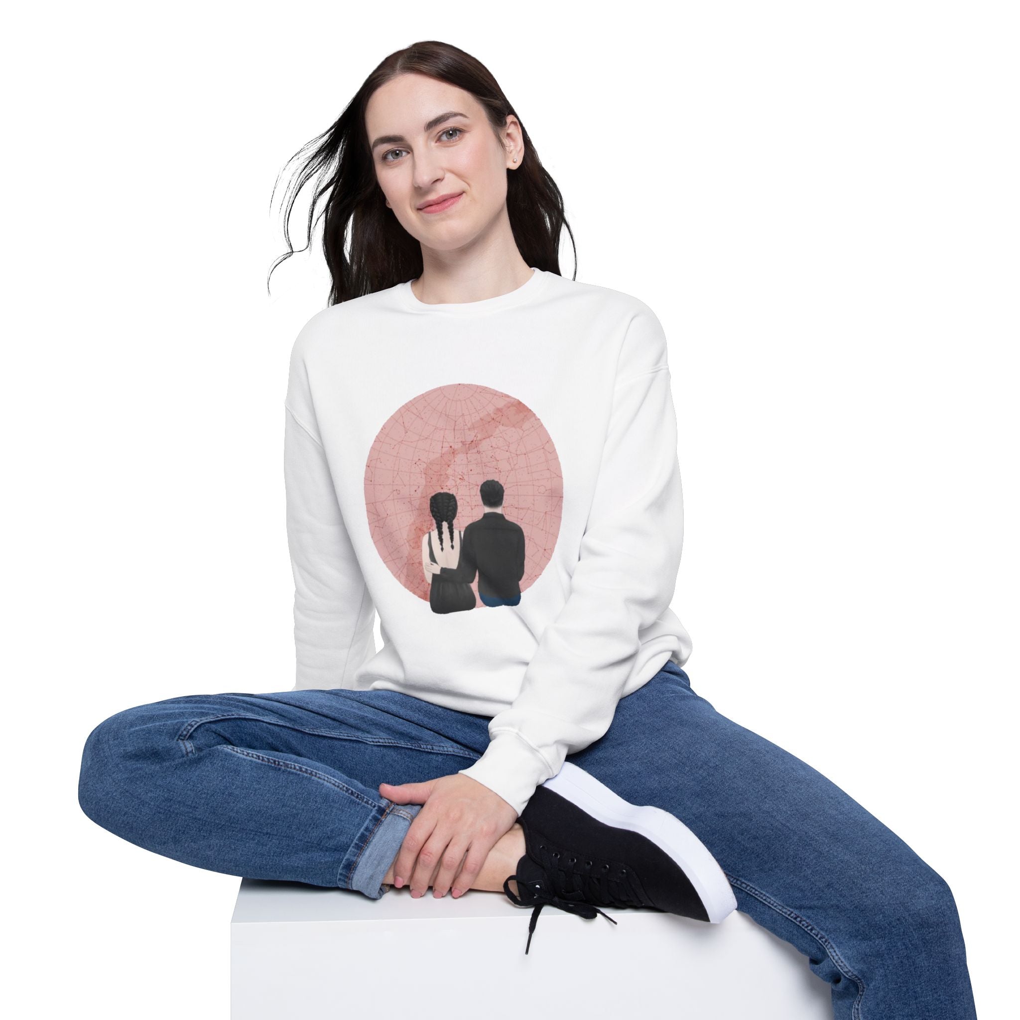 Couple with custom location and title | Unisex Drop Shoulder Sweatshirt