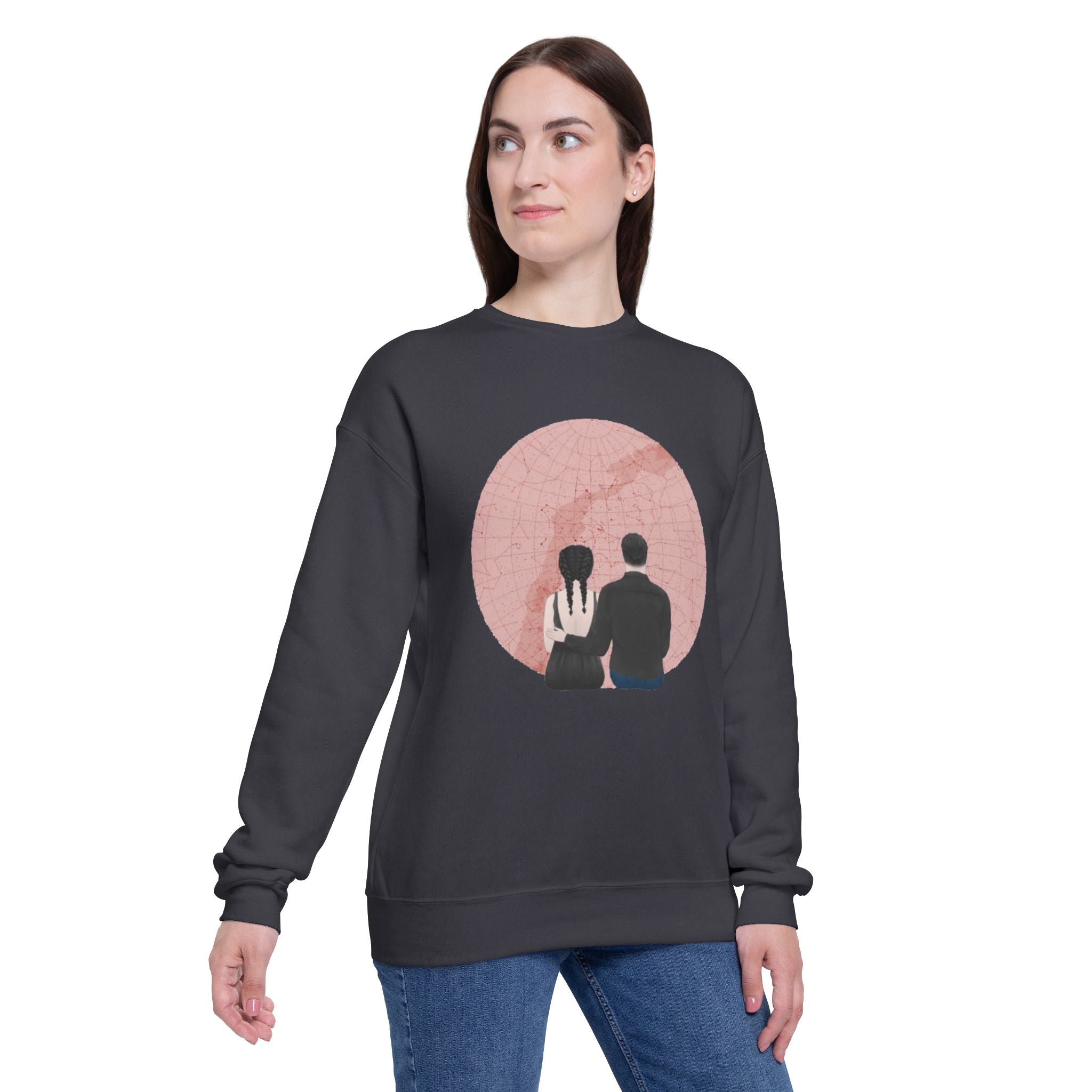 Couple with custom location and title | Unisex Drop Shoulder Sweatshirt