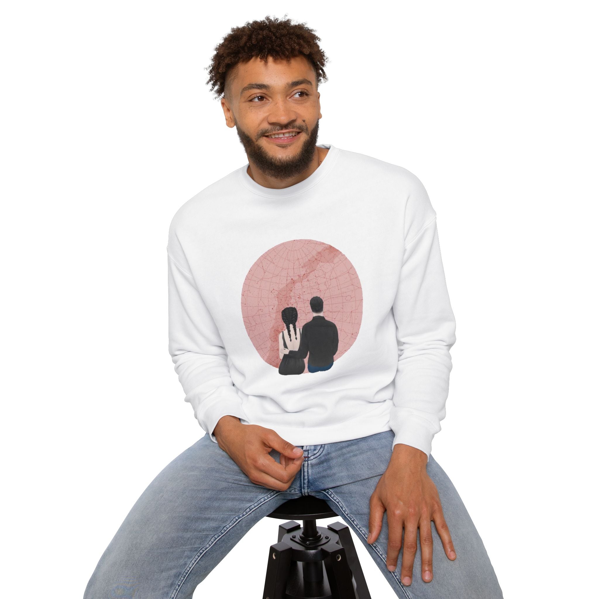 Couple with custom location and title | Unisex Drop Shoulder Sweatshirt