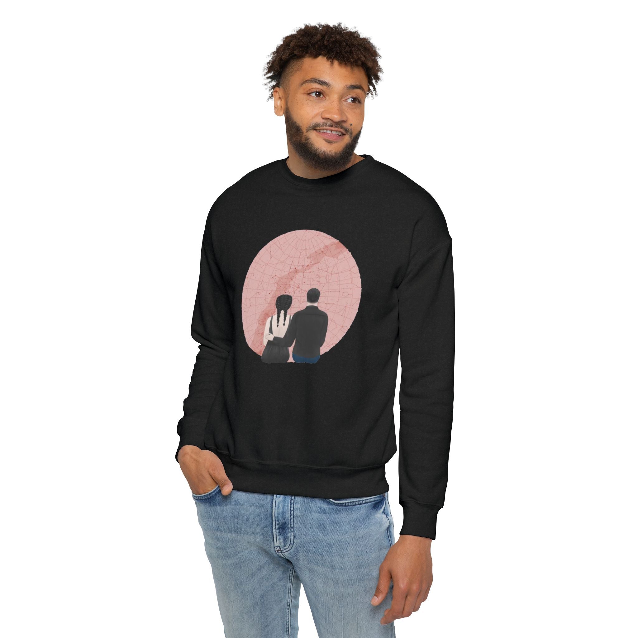 Couple with custom location and title | Unisex Drop Shoulder Sweatshirt