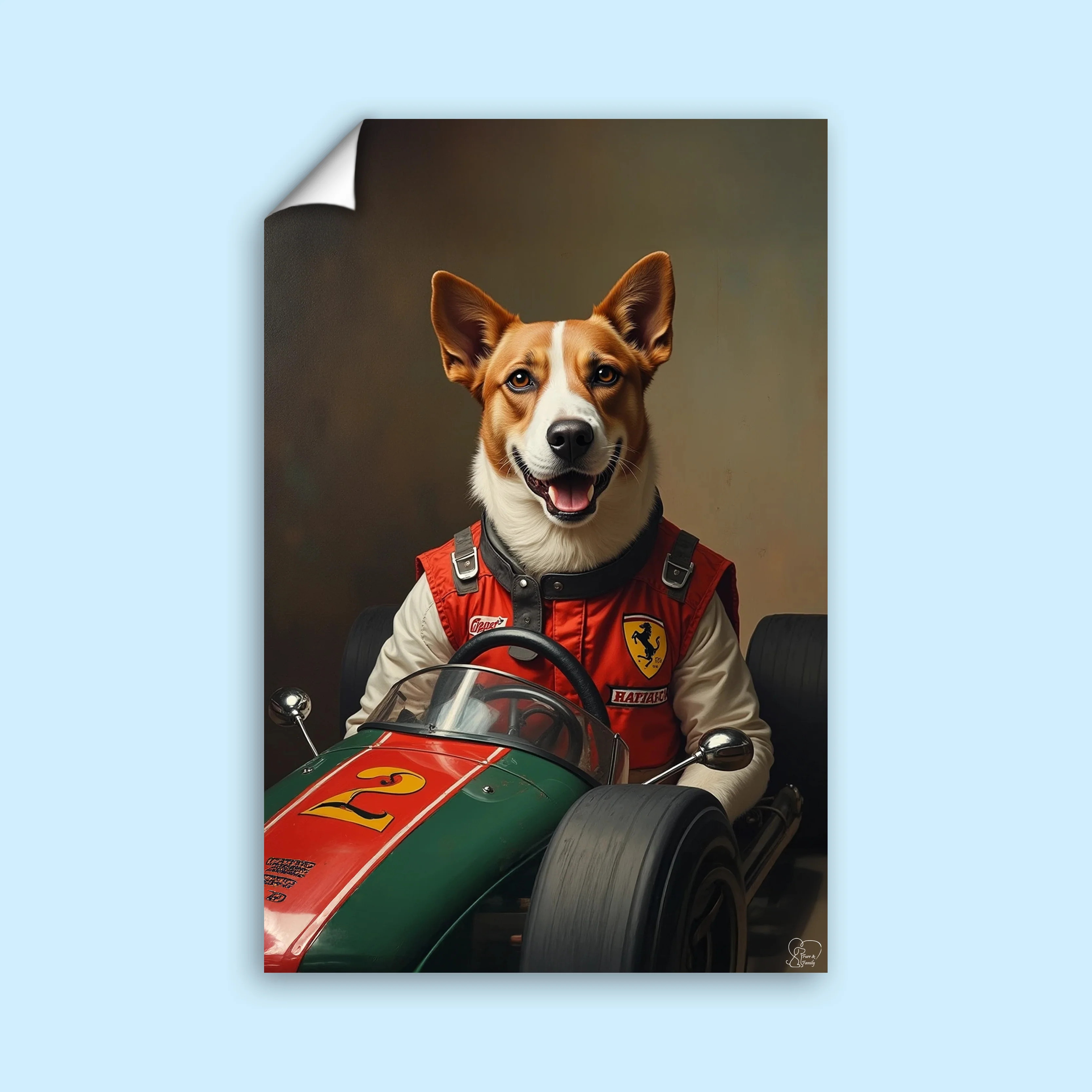 Custom Racing Car Driver Pet Portrait – Personalized Pet Artwork