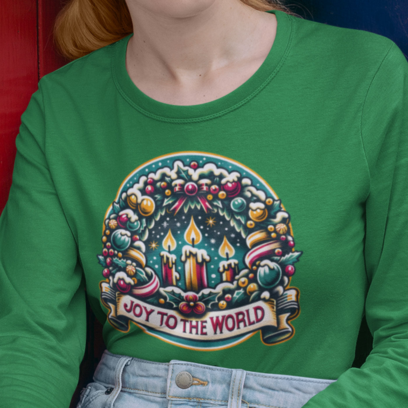 Joy to the World - Festive Christmas Wreath and Candle | Unisex Long Sleeve