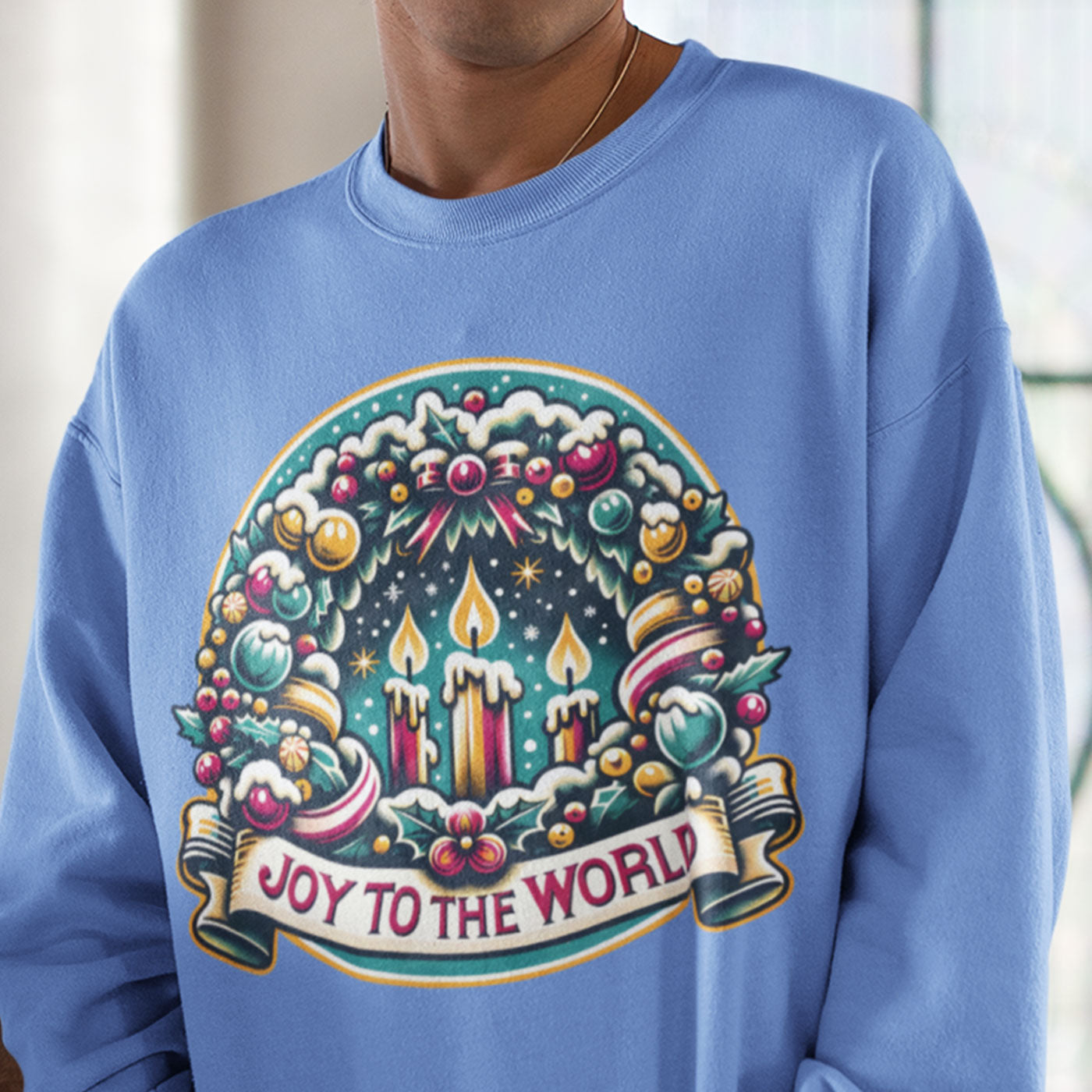 Joy to the World - Festive Christmas Wreath and Candle | Unisex Crewneck Sweatshirts