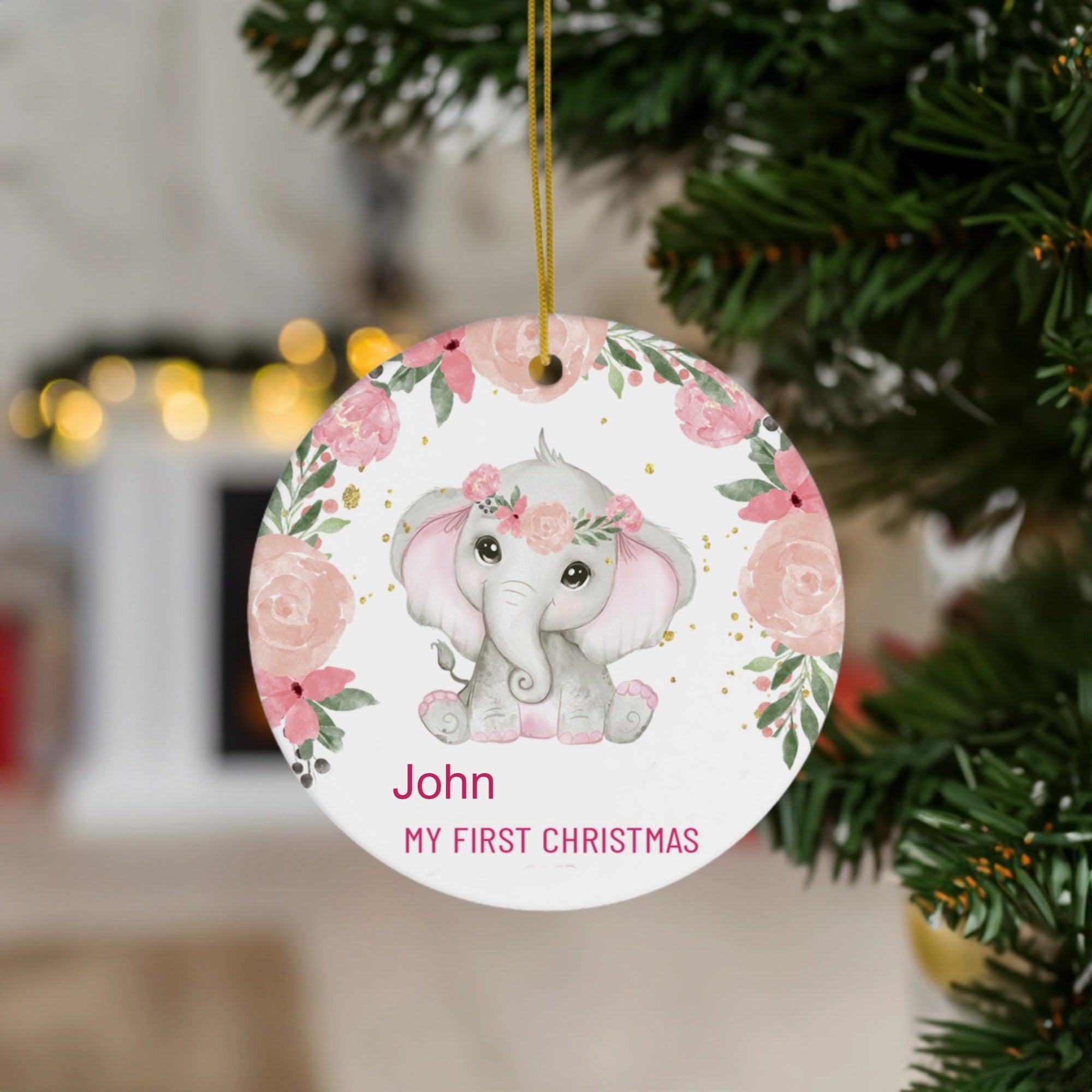 My First Christmas | Adorable Elephant with Floral Wreath | Ceramic Ornament