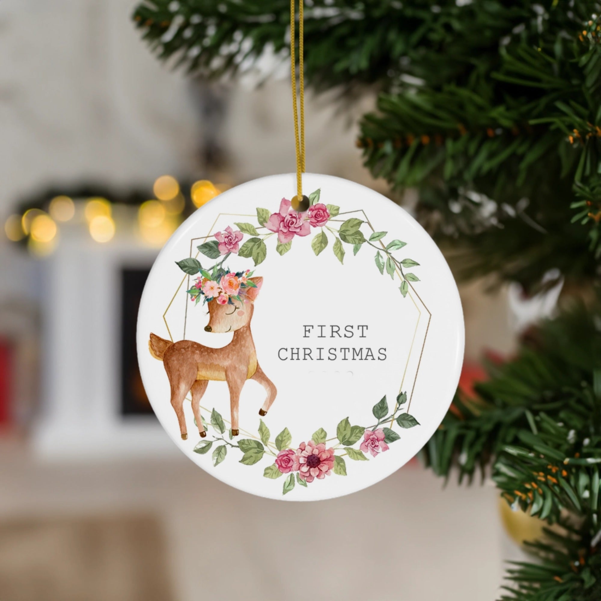First Christmas | Elegant Floral Deer | Ceramic Ornament