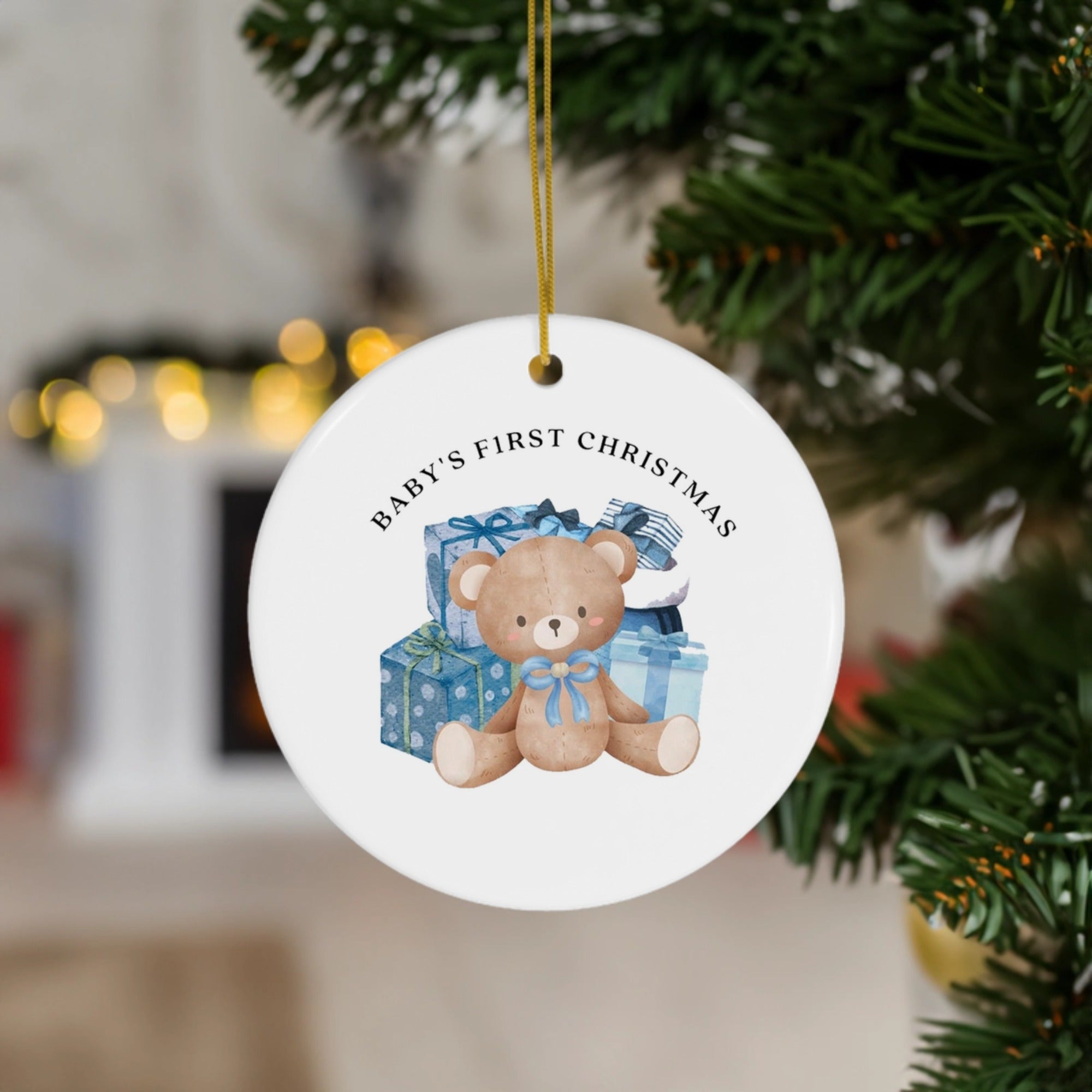 Teddy Bear with Blue Gifts | Baby’s First Christmas | Ceramic Ornament