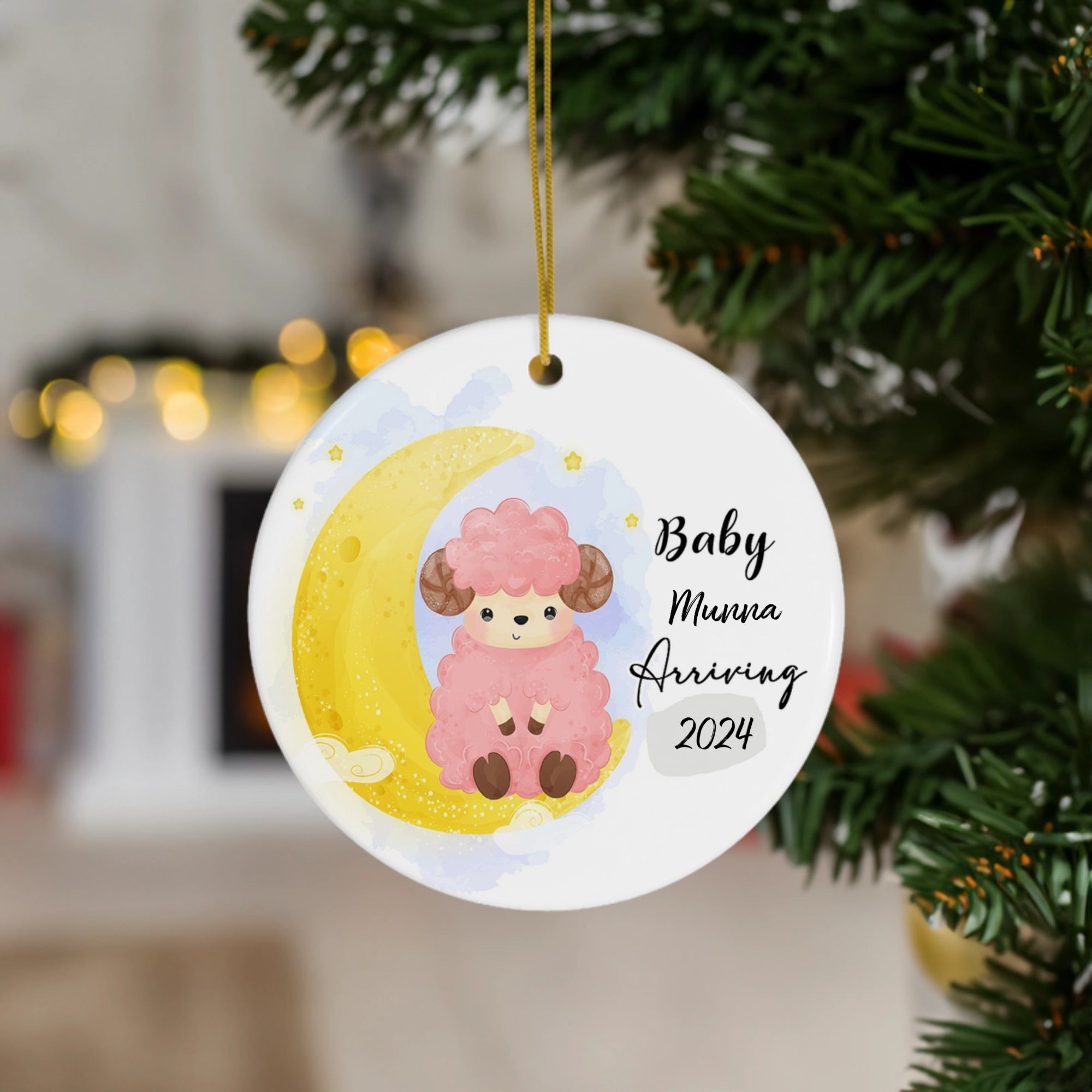 Baby Arriving Christmas | Adorable Sheep and Moon Design for Expecting Parents | Ceramic Ornament