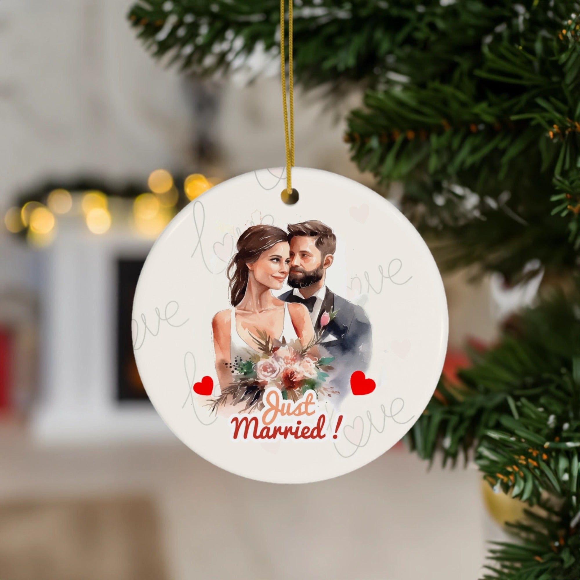 Just Married Christmas| Romantic Keepsake for Newlyweds | Ceramic Ornament