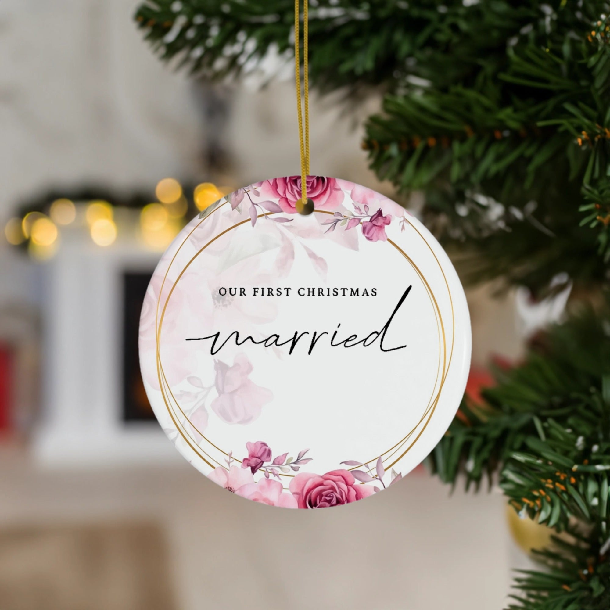 Our First Christmas Married Ornament | Elegant Floral Design for Newlyweds | Ceramic Ornament