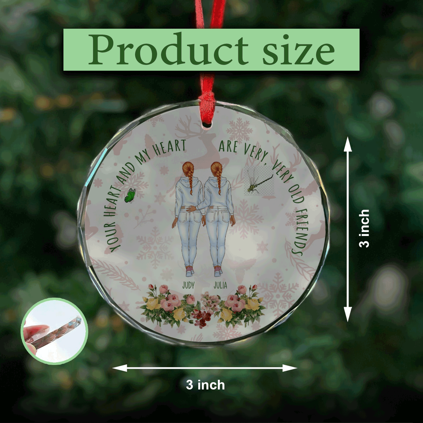 Custom Friendship Christmas Glass Ornament - Your Heart and My Heart