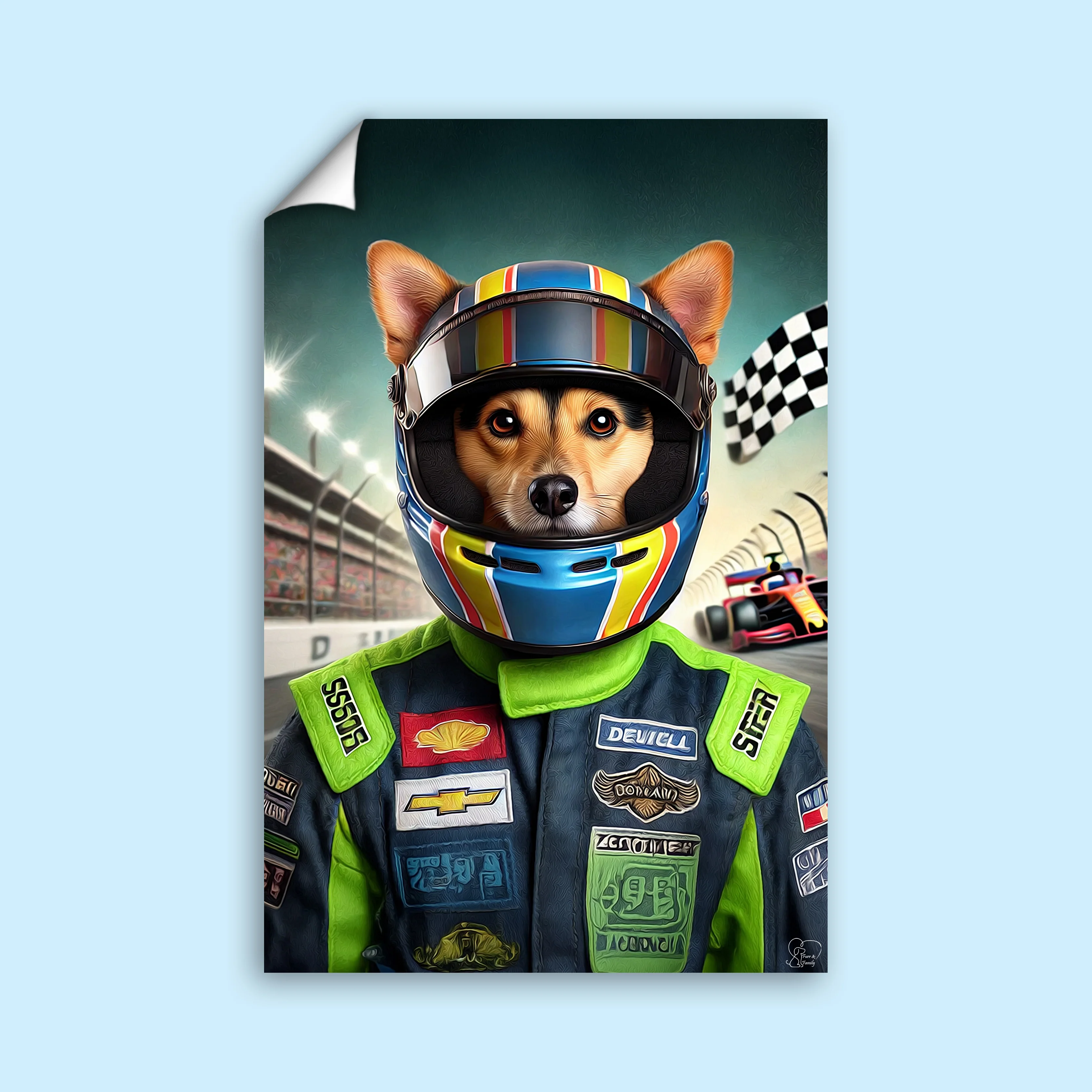 Custom Racing Car Champion Pet Portrait – Personalized Motorsport Pet Art