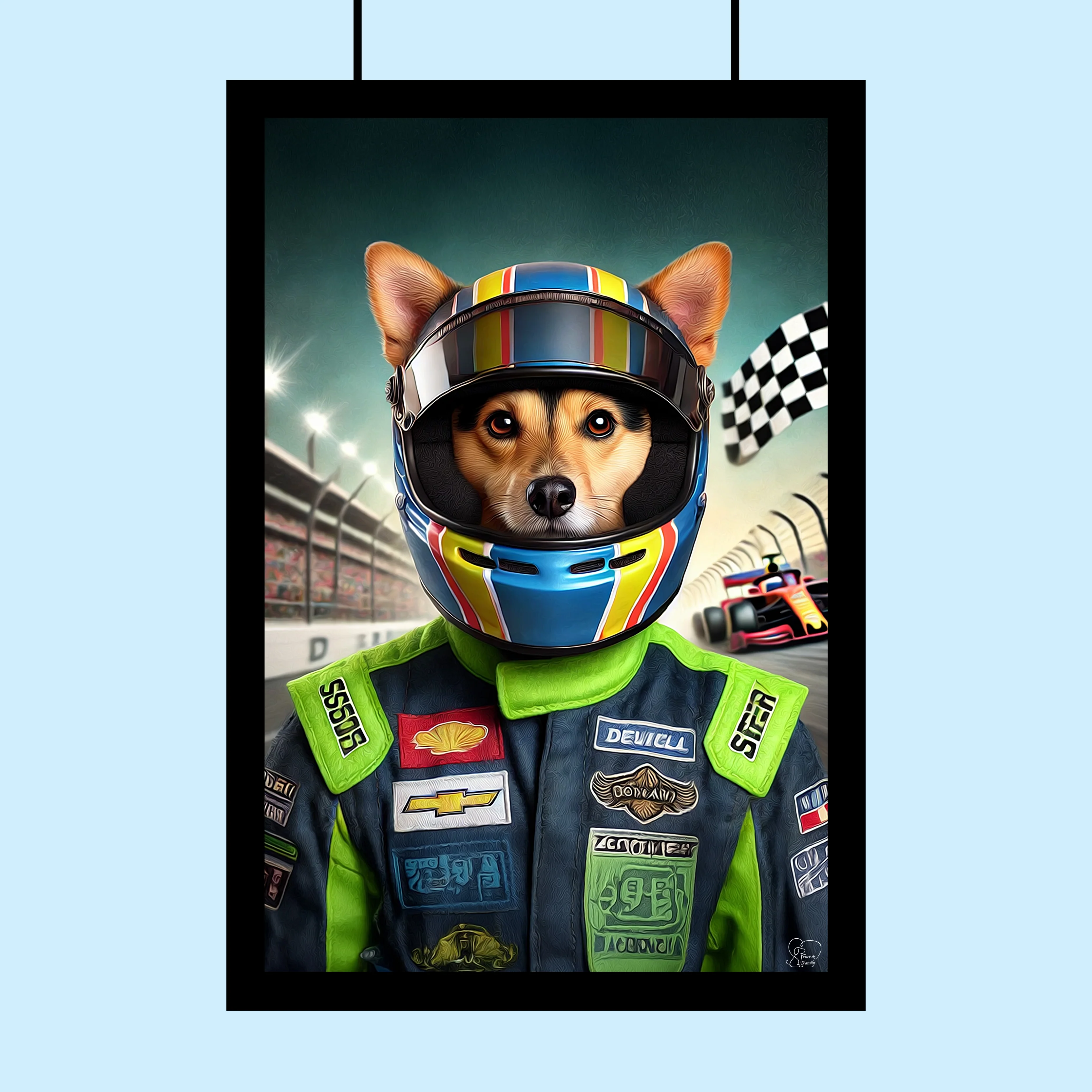 Custom Racing Car Champion Pet Portrait – Personalized Motorsport Pet Art