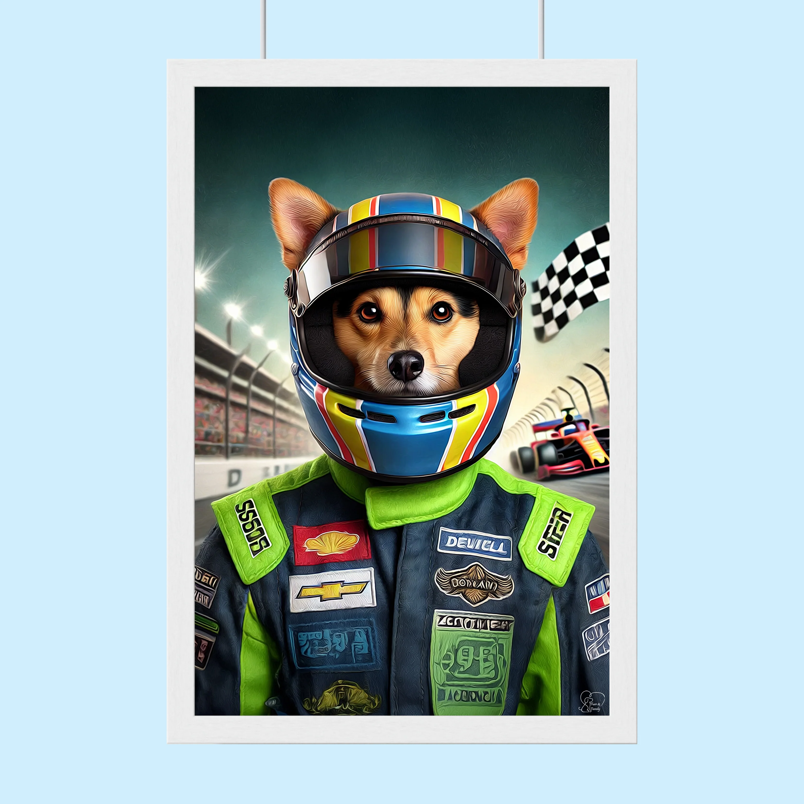 Custom Racing Car Champion Pet Portrait – Personalized Motorsport Pet Art