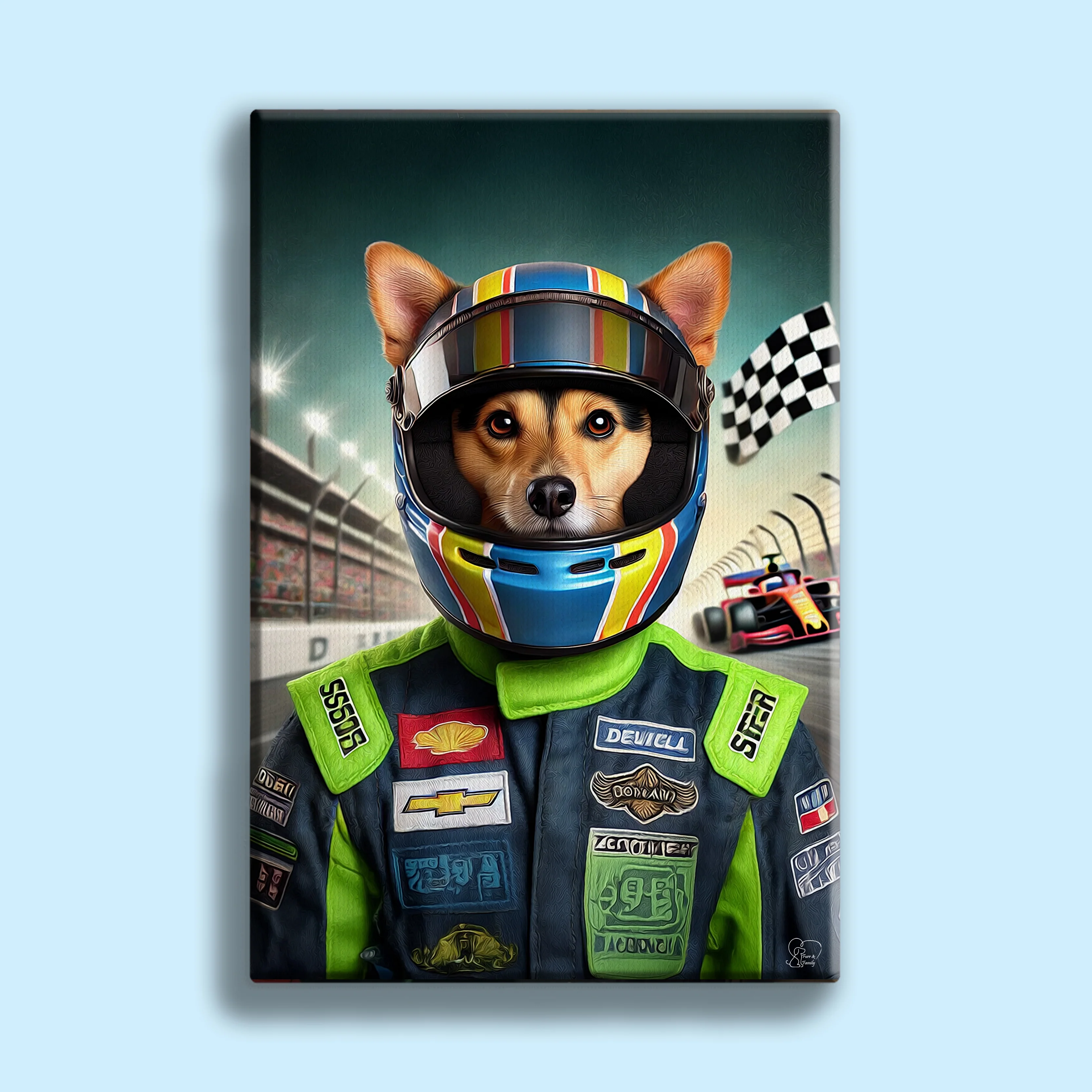 Custom Racing Car Champion Pet Portrait – Personalized Motorsport Pet Art